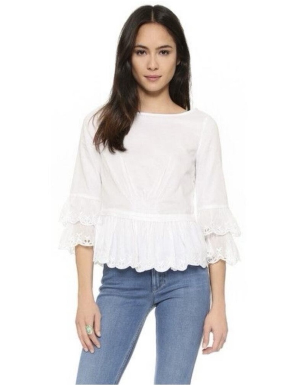 Tory Burch‎ Scallop Hem Eyelet Ruffle White Cotton Blouse